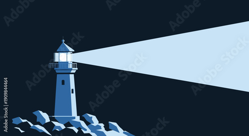 A blue lighthouse on a rocky outcrop shining a bright, wide light beam across a dark night sky, guiding ships.