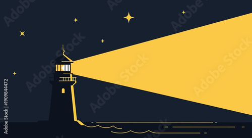 A lighthouse shining a bright yellow beam of light across a dark night sky with stars.