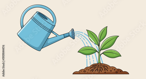 A blue watering can pouring water onto a small green plant with roots in soil.