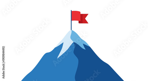 A blue mountain peak with snow and a red flag planted at the summit, symbolizing achievement.