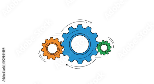 Three colorful interlocked gears rotating, representing teamwork, process, and mechanical engineering.