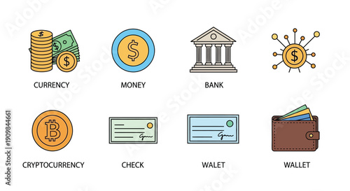 Financial icons depicting currency banking and digital payment methods