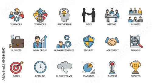 Colorful icons depicting various business team interactions and leadership roles