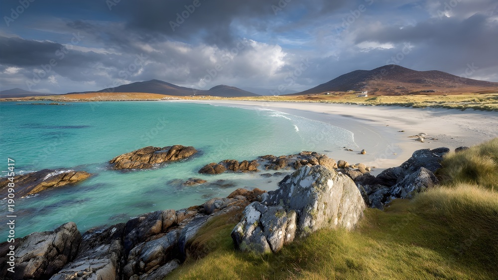 Obraz premium Breathtaking isolated serene, unpopulated landscape showcasing outer Hebrides (Western Isles) – White-sand beaches, machair grasslands, and Gaelic culture 