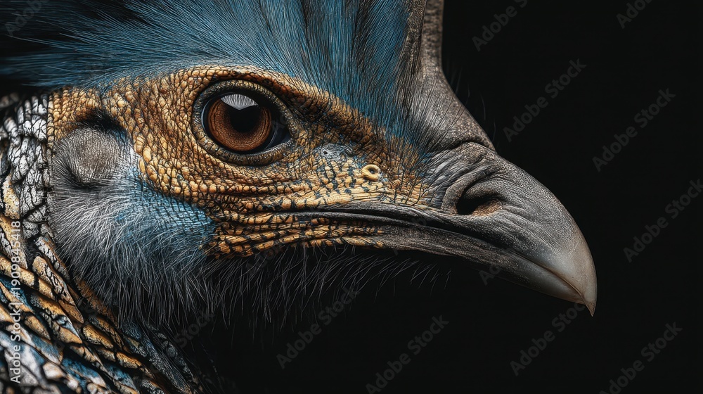 Fototapeta premium Close-up of exotic bird with intricate blue and gold feather patterns