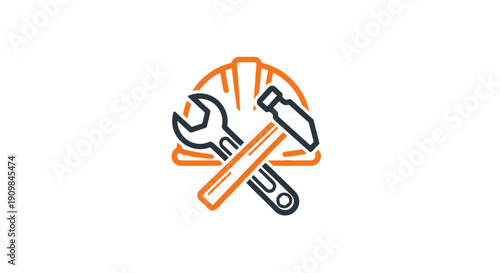 Crossed Wrench and Hammer Icon on Hard Hat Background.