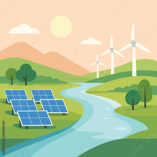 Renewable energy landscape with solar and wind power