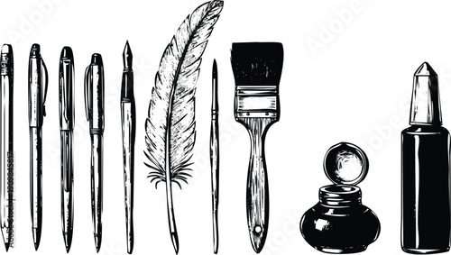 A variety of writing instruments and tools from different eras Vector