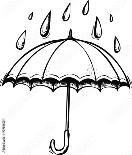 A black and white illustration of an umbrella with raindrops falling around it. Vector