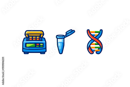 A set of three colorful icons representing biotechnology and genetics, featuring a thermal cycler machine, a microcentrifuge tube, and a DNA double helix on a black background.