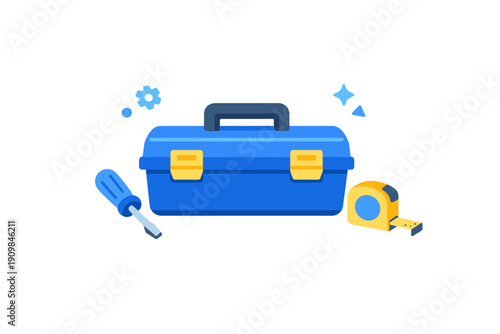 A blue toolbox with yellow latches is shown alongside a screwdriver and a tape measure. This flat vector illustration features repair tools on a black background with icons.