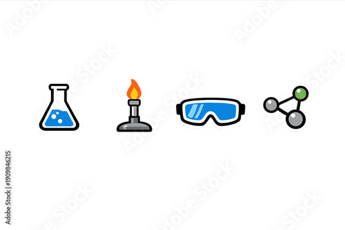 A set of four science-themed icons including a laboratory flask with blue liquid, a lit Bunsen burner, protective safety goggles, and a molecular model on a solid black background.
