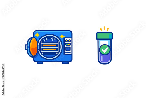 A blue laboratory autoclave machine with an open door and steam rising from the inside, next to a test tube with a green checkmark indicating a successful sterilization process.