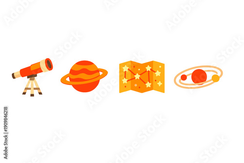 A set of four astronomy-themed icons including a telescope, a ringed planet, a star map, and a solar system diagram, all rendered in a flat vector style with warm orange tones.