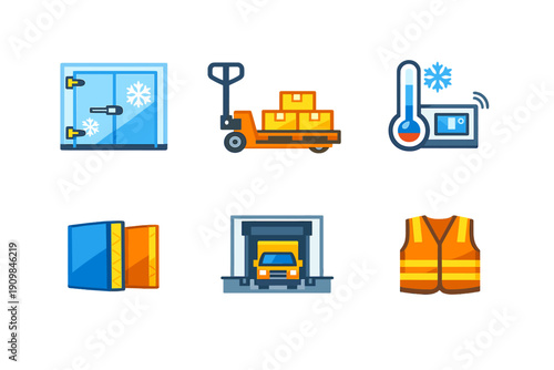 A set of six flat vector icons representing cold storage logistics, including a freezer door, pallet jack, thermometer, insulated panels, delivery truck, and a safety vest.