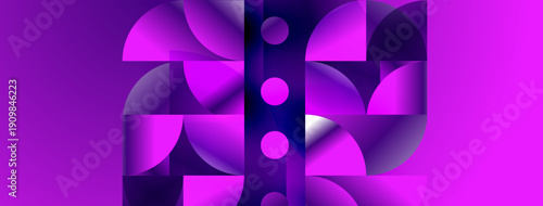 Abstract geometric composition. Purple shades dominate, creating modern visual impact. Circles, arcs form intriguing pattern.