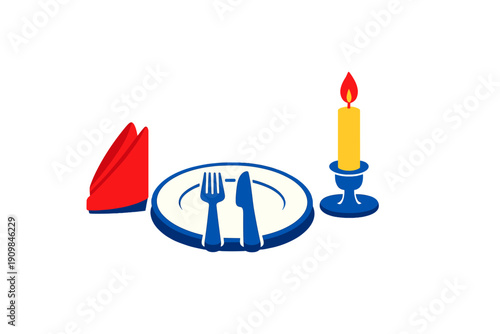 A flat vector illustration of a dinner table setting featuring a white plate with blue cutlery, a red napkin, and a lit yellow candle in a blue holder against a black background.