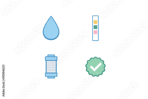 A set of four flat icons on a black background representing water quality, including a blue water drop, a multi-colored test strip, a filter cartridge, and a green checkmark badge.