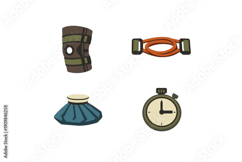 This set of four flat illustrations includes a knee support brace, a resistance band, a blue ice pack, and a stopwatch, representing sports injury recovery and fitness.