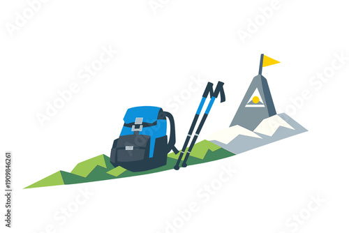 A flat vector illustration features a blue hiking backpack and trekking poles positioned on a stylized mountain range with a yellow flag marking the peak.