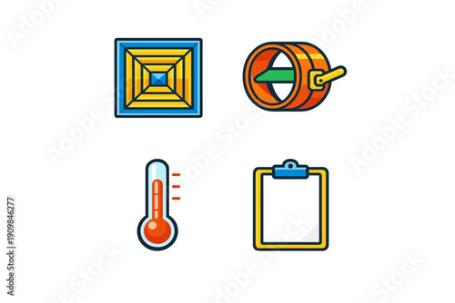 A set of four flat vector icons representing HVAC and maintenance concepts, including an air vent, a duct damper, a thermometer, and a clipboard, isolated on a black background.