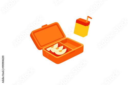 This isometric 3D illustration features an open orange lunchbox filled with fresh apple slices and a yellow juice box with a straw, isolated on a black background.