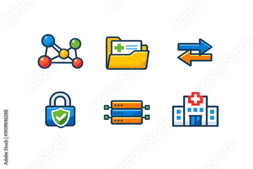 A collection of six colorful flat icons representing medical data management, including a network, medical folder, data exchange arrows, secure padlock, server, and hospital building.