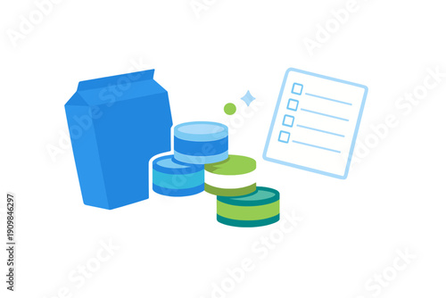 This flat vector illustration shows a blue carton next to a stack of blue and green cylindrical containers and a checklist. The design is simple and modern with a dark background.
