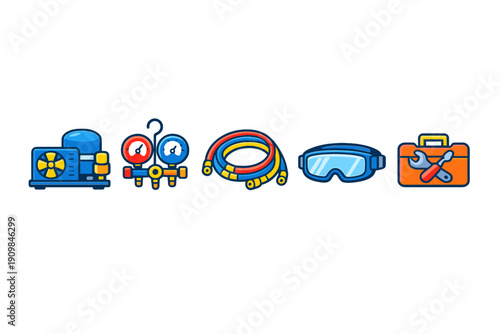 Five vibrant vector icons for air conditioning maintenance featuring a compressor, pressure gauges, service hoses, protective eyewear, and a tool kit, isolated on a dark background.