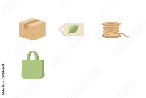 A collection of four flat icons representing sustainable packaging and eco-friendly shipping, including a cardboard box, a leaf tag, a spool of twine, and a green reusable tote bag.
