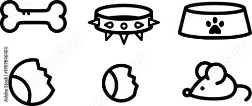 Bold line art pet supply icons with dog bone, spiked collar, food bowl, chewed ball and mouse toy arranged in simple black and white vector set
