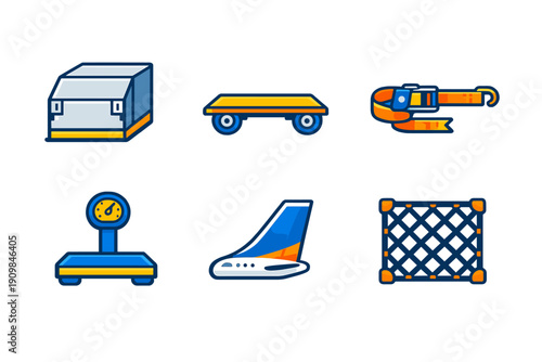 A set of six flat vector icons representing air cargo logistics, including a container, dolly, ratchet strap, platform scale, airplane tail, and cargo net on a black background.