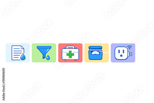 A row of five colorful square icons on a black background featuring a document with a water drop, a funnel, a first aid kit, dental floss, and a smart electrical outlet.