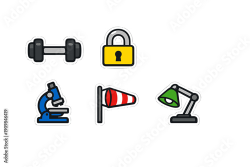 A collection of various colorful sticker icons featuring a dumbbell, a yellow padlock, a blue microscope, a red and white windsock, and a green desk lamp on a solid black background.