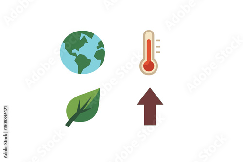 An illustration featuring icons of planet Earth, a high-temperature thermometer, a green leaf, and an upward-pointing arrow, representing global warming and climate change concepts.