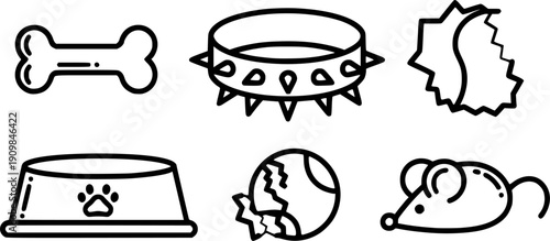 Bold line art pet supply icons with dog bone, spiked collar, food bowl, chewed ball and mouse toy arranged in simple black and white vector set
