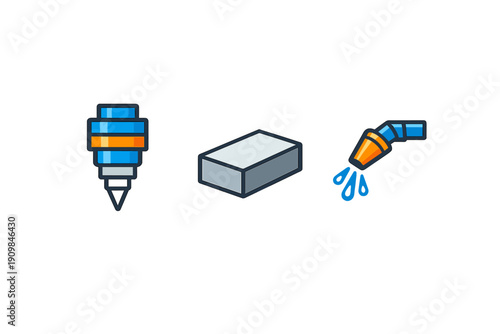 Three stylized icons representing industrial or cleaning tools are displayed on a solid black background, including a mechanical nozzle, a grey block, and a water hose spraying droplets.