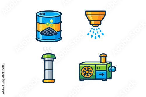 A set of four colorful industrial icons featuring a chemical barrel, a spray nozzle, a smoking chimney, and a mechanical machine, all presented in a flat vector style on a black background.