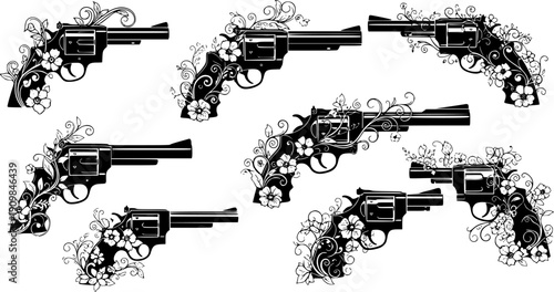 Black silhouette revolver handgun with floral decoration vector set collection art design
