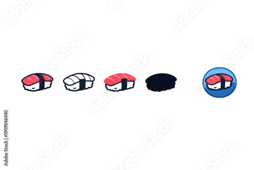 A collection of five sushi nigiri icons in different styles, including colored, outline, silhouette, and button versions, displayed horizontally on a solid black background.