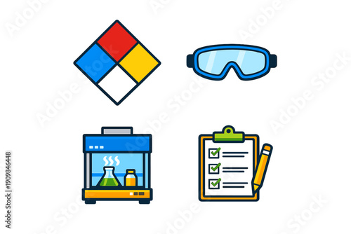 A set of four colorful icons representing laboratory safety and procedures, including a hazard diamond, protective goggles, a fume hood with glassware, and a checklist with a pencil.