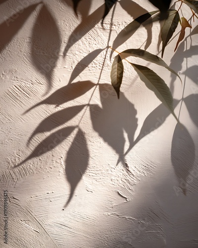 Soft Shadows of Leaves Against a Textured Wall Creating a Serene and Natural Atmosphere