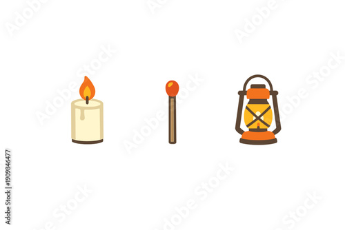 A flat illustration featuring three light sources on a black background: a burning white candle, a single matchstick with an orange head, and a glowing orange lantern.