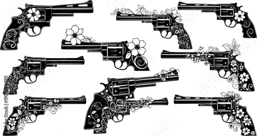 Black silhouette revolver handgun with floral decoration vector set collection art design
