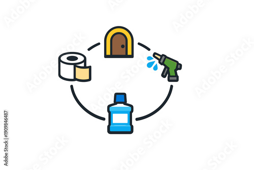 A flat vector illustration featuring four icons arranged in a circle: a toilet paper roll, a doorway, a water spray nozzle, and a blue bottle, all set against a black background.