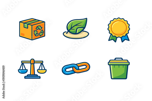 A collection of six colorful flat icons representing sustainability and ethics, including a recycling box, a green leaf, an award medal, balance scales, chain links, and a trash bin.