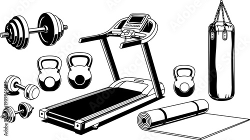 Gym equipment set with dumbbell kettlebells treadmill punching bag and yoga mat vector illustration
