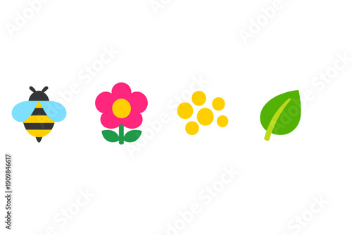 Bee collects pollen from flower while leaf gently sways in the breeze showing nature's cycle of pollination and growth