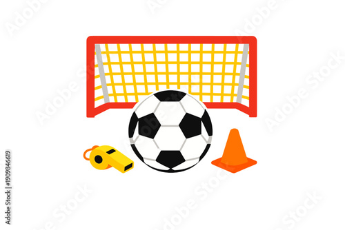 Soccer training setup with a goal, ball, cones, and whistle for coaching and practice sessions in a sports field