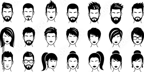 Silhouette icons of male and female heads with different hairstyles and facial hair vector illustration
